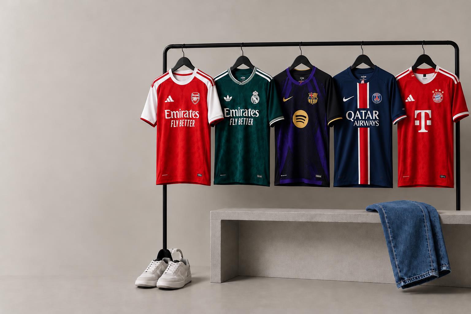 Fodboldtrøjer fra Arsenal, Real Madrid, Barcelona, PSG og Bayern på et stativ